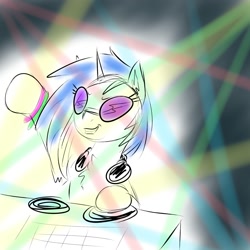 Size: 2000x2000 | Tagged: safe, artist:shinycyan, character:dj pon-3, character:vinyl scratch, species:pony, bust, cute, dj booth, doodle, female, glowstick, hooves up, solo, spotlight, turntable, vinyl's glasses, vinylbetes