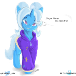 Size: 4000x4000 | Tagged: safe, artist:maximus, character:trixie, species:pony, species:unicorn, absurd resolution, alternate hairstyle, babysitter trixie, bedroom eyes, bronybait, clothing, dialogue, female, gameloft interpretation, hoodie, pigtails, simple background, smiling, solo, speech bubble, white background
