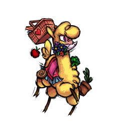 Size: 2953x3111 | Tagged: safe, artist:alts-art, community related, part of a set, character:paprika paca, species:alpaca, them's fightin' herds, apple, basket, broccoli, cloven hooves, female, food, mouth hold, picnic basket, potted plant, simple background, solo, transparent background