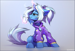 Size: 973x660 | Tagged: safe, artist:ramiras, character:trixie, species:pony, species:unicorn, alternate hairstyle, babysitter trixie, clothing, coffee, cup, digital art, drink, female, hoodie, lidded eyes, magic, mare, ponytails, sitting, smiling, solo, telekinesis