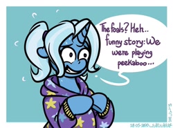 Size: 1280x948 | Tagged: safe, artist:poecillia-gracilis19, gameloft, character:trixie, species:pony, species:unicorn, babysitter trixie, clothing, dialogue, female, floppy ears, gameloft interpretation, hoodie, meme, smiling, solo, speech bubble, this will not end well