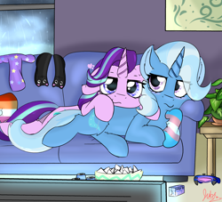 Size: 2598x2362 | Tagged: safe, artist:jubyskylines, character:starlight glimmer, character:trixie, species:pony, species:unicorn, couch, cuddling, female, lesbian pride flag, lgbt headcanon, mare, playstation 4, pony pillow, pride, pride flag, prone, trans trixie