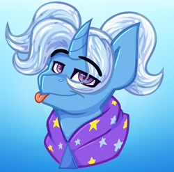 Size: 2935x2894 | Tagged: safe, artist:aidraws, gameloft, character:trixie, species:pony, species:unicorn, alternate hairstyle, babysitter trixie, bust, eye clipping through hair, eyebrows, gameloft interpretation, gradient background, looking at you, male, pigtails, ponytail, portrait, rule 63, smiling, solo, stallion, tongue out, tristan, twintails