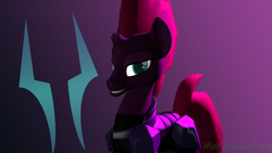 Size: 1920x1080 | Tagged: safe, artist:marianokun, character:fizzlepop berrytwist, character:tempest shadow, species:pony, species:unicorn, 3d, armor, broken horn, horn, looking at you, purple background, simple background, smiling, source filmmaker, storm king's emblem, watermark
