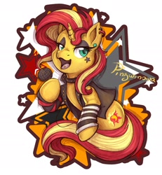 Size: 2500x2700 | Tagged: safe, artist:pingwinowa, character:sunset shimmer, species:pony, species:unicorn, ear piercing, female, high res, mare, music, open mouth, piercing, punk, rock, simple background, solo, stars, tongue piercing, white background