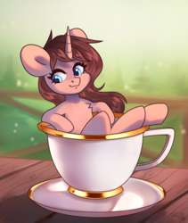 Size: 1496x1772 | Tagged: safe, artist:sugarstar, rcf community, oc, oc only, oc:morning coffee, species:pony, species:unicorn, cup, cup of pony, cute, female, gilded, gold rims, horn, looking away, mare, micro, saucer, sitting