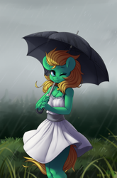 Size: 2645x4000 | Tagged: safe, artist:redwix, artist:sugarstar, rcf community, oc, oc only, oc:professor sugarcube, species:anthro, species:earth pony, species:pony, clothing, collaboration, collar, dress, female, fog, forest, grass, looking at you, mare, one eye closed, rain, smiling, solo, standing, sundress, umbrella