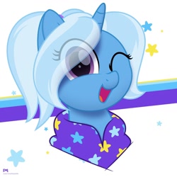 Size: 1280x1280 | Tagged: safe, artist:potato22, character:trixie, species:pony, abstract background, alternate hairstyle, babysitter trixie, bust, clothing, cute, diatrixes, eye clipping through hair, female, gameloft interpretation, hoodie, looking at you, mare, one eye closed, open mouth, ponytail, portrait, solo, stars, wink