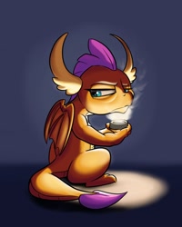 Size: 1280x1600 | Tagged: safe, artist:rocket-lawnchair, character:smolder, species:dragon, angry, cute, dragoness, female, frown, grumpy, hot drink, sitting, smolderbetes, solo, tired
