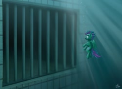 Size: 680x496 | Tagged: safe, artist:luminousdazzle, oc, oc only, oc:opal, species:pegasus, species:pony, bubble, darkness, female, lighting, mare, solo, stunned, submechanophobia, swimming pool, underwater, vents
