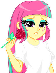 Size: 791x1031 | Tagged: safe, artist:rosemile mulberry, character:sour sweet, my little pony:equestria girls, eyeshadow, female, flower, freckles, lidded eyes, looking at you, makeup, rose, solo, white shirt