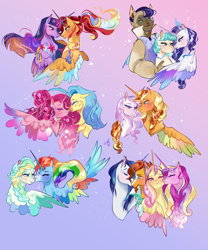 Size: 2000x2403 | Tagged: safe, artist:bunnari, character:applejack, character:capper dapperpaws, character:coco pommel, character:fleur-de-lis, character:fluttershy, character:pinkie pie, character:princess cadance, character:princess skystar, character:rainbow dash, character:rarity, character:shining armor, character:sunburst, character:sunset shimmer, character:twilight sparkle, character:twilight sparkle (alicorn), character:vapor trail, species:abyssinian, species:alicorn, species:earth pony, species:hippogriff, species:pegasus, species:pony, species:unicorn, princessverse, ship:capperity, ship:marshmallow coco, ship:shiningcadance, ship:skypie, ship:sunsetsparkle, g4, alicornified, alternate hairstyle, alternate universe, applecorn, bedroom eyes, bisexual, blushing, cococapper, cococapperity, crack shipping, ear piercing, earring, everyone is an alicorn, eyes closed, eyeshadow, female, fleur-de-jack, fluttercorn, flutterdance, freckles, gay, glasses, hug, jewelry, kiss on the cheek, kissing, lesbian, makeup, male, mane six, mane six alicorns, mare, markings, necklace, one eye closed, piercing, pinkiecorn, polyamory, race swap, rainbowcorn, raricorn, regalia, shimmercorn, shiningburst, shiningburstdance, shipping, stallion, straight, sundence, vapordash, wall of tags, winghug, wink, xk-class end-of-the-world scenario