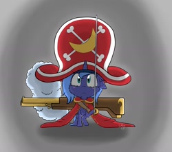 Size: 1993x1762 | Tagged: safe, artist:shinycyan, character:princess luna, species:alicorn, species:pony, clothing, cute, determined, female, filly, fluffy, gun, hat, lunabetes, one piece, one piece film z, one piece z, pirate, pirate hat, pirate outfit, solo, sword, tony tony chopper, weapon, woona, younger