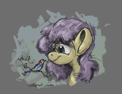 Size: 3300x2550 | Tagged: safe, artist:th3ipodm0n, character:fluttershy, species:bird, species:pony, bust, female, looking at someone, looking at something, mare, smiling, solo, stray strand, three quarter view, tree branch