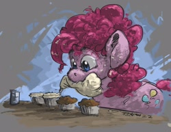 Size: 3300x2550 | Tagged: safe, artist:th3ipodm0n, character:pinkie pie, species:earth pony, species:pony, baking, cupcake, female, food, icing bag, looking at something, mare, mouth hold, solo, three quarter view
