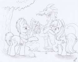 Size: 3050x2445 | Tagged: safe, artist:xeviousgreenii, character:doctor whooves, character:roseluck, character:time turner, species:dragon, species:pony, newbie artist training grounds, apple, atg 2020, food, monochrome, traditional art, tree
