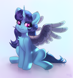 Size: 2108x2248 | Tagged: safe, artist:sugarstar, rcf community, oc, oc only, oc:creative twinkle, species:pony, species:unicorn, artificial wings, augmented, female, horn, looking away, mare, mechanical wing, simple background, sitting, smiling, solo, spread wings, wings