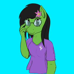 Size: 1000x1000 | Tagged: safe, artist:darnelg, oc, oc:prickly pears, species:anthro, species:earth pony, species:pony, beauty mark, clothing, female, flower, flower in hair, glasses, looking at you, shirt