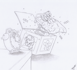 Size: 2570x2335 | Tagged: safe, artist:xeviousgreenii, character:pinkie pie, species:pony, newbie artist training grounds, alarm clock, atg 2020, bed, clock, jack-in-the-box, monochrome, solo, traditional art