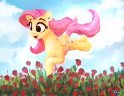 Size: 2048x1582 | Tagged: safe, artist:thefloatingtree, character:fluttershy, species:pegasus, species:pony, newbie artist training grounds, atg 2020, cute, female, field, flower, flower field, folded wings, jumping, mare, midair, open mouth, outdoors, shyabetes, sky, solo, three quarter view, tulip, wings