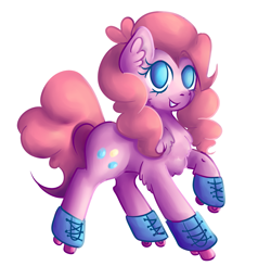 Size: 4374x4290 | Tagged: safe, artist:coco-drillo, character:pinkie pie, species:earth pony, species:pony, newbie artist training grounds, chest fluff, colourful, ear fluff, female, natg2020, roller skates, rollerblades, rolling, simple background, smiling, solo, sports