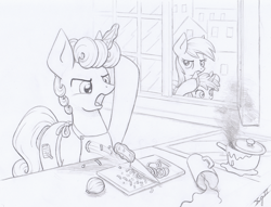 Size: 3120x2380 | Tagged: safe, artist:xeviousgreenii, character:derpy hooves, character:dinky hooves, oc, oc:ginger mint, species:pony, species:unicorn, newbie artist training grounds, atg 2020, cooking, covering ears, implied swearing, knife, magic, male, monochrome, stallion, traditional art
