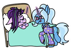 Size: 1880x1332 | Tagged: safe, artist:rainbowbacon, character:starlight glimmer, character:trixie, species:pony, species:unicorn, alternate hairstyle, babysitter trixie, bed, clothing, face doodle, hoodie, levitation, magic, marker, pillow, telekinesis