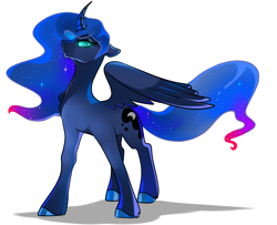 Size: 6400x5200 | Tagged: safe, artist:mylittlegodzilla, character:princess luna, species:alicorn, species:pony, beautiful, commission, curved horn, ethereal mane, female, floppy ears, flowing mane, flowing tail, frown, galaxy mane, glare, glowing eyes, horn, implied nightmare moon, looking at you, mare, simple background, solo, standing, starry tail, unshorn fetlocks, wings