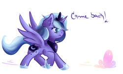 Size: 4719x2833 | Tagged: safe, artist:coco-drillo, character:princess luna, species:alicorn, species:pony, newbie artist training grounds, chasing dreams, clothing, dreams, ear fluff, female, filly, leg fluff, natg2020, running, shoes, simple background, solo, spread wings, wings, woona, younger