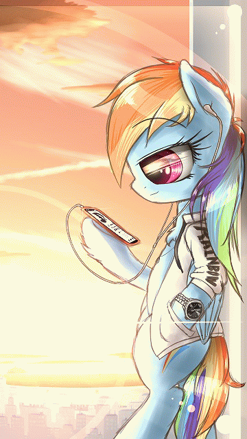 Size: 360x640 | Tagged: safe, artist:phoenixrk49, character:rainbow dash, species:pegasus, species:pony, animated, bipedal, cellphone, chest fluff, clothing, crepuscular rays, female, folded wings, gif, headphones, hoof hold, leaning, listening, phone, profile, semi-anthro, smartphone, solo, watch, wings, wristwatch