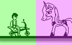Size: 512x320 | Tagged: safe, artist:derek the metagamer, derpibooru original, character:princess luna, oc, oc:dirk wise, species:alicorn, species:human, species:pony, season 1, 1-bit, aseprite, green, motorcycle, pink, pixel art