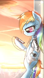 Size: 720x1280 | Tagged: safe, artist:phoenixrk49, character:rainbow dash, species:pegasus, species:pony, bipedal, cellphone, chest fluff, clothing, crepuscular rays, female, folded wings, headphones, hoof hold, leaning, listening, phone, profile, semi-anthro, smartphone, solo, watch, wings, wristwatch