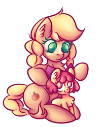 Size: 2645x3251 | Tagged: safe, artist:coco-drillo, character:apple bloom, character:applejack, species:earth pony, species:pony, newbie artist training grounds, adorabloom, alternate cutie mark, alternate hairstyle, bow, chest fluff, cute, ear fluff, female, filly, freckles, jackabetes, natg2020, siblings, simple background, sisters, sitting, transparent background