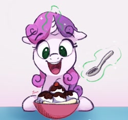Size: 2048x1925 | Tagged: safe, artist:thefloatingtree, character:sweetie belle, species:pony, species:unicorn, newbie artist training grounds, atg 2020, banana, bowl, cherry, chocolate, cute, diasweetes, female, filly, floppy ears, food, herbivore, ice cream, magic, no pupils, open mouth, solo, spoon, sundae, telekinesis, this will end in diabetes, this will end in weight gain