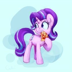 Size: 2700x2700 | Tagged: safe, artist:aemantaslim, character:starlight glimmer, species:pony, species:unicorn, newbie artist training grounds, atg 2020, eating, everything is ruined, female, food, pineapple pizza, pizza, solo, that pony sure does love pineapple pizza