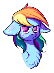 Size: 1972x2668 | Tagged: safe, artist:coco-drillo, character:rainbow dash, species:pegasus, species:pony, newbie artist training grounds, annoyed, blushing, bust, cell shaded, chest fluff, ear blush, ear fluff, female, floppy ears, fluffy, natg2020, simple background, solo, transparent background, tsundere