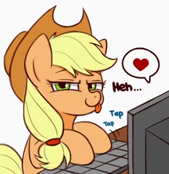Size: 1299x1334 | Tagged: safe, artist:handgunboi, character:applejack, species:earth pony, species:pony, newbie artist training grounds, atg 2020, blep, clothing, computer, cowboy hat, dialogue, female, hat, heart, keyboard, looking at you, mare, pictogram, solo, speech bubble, table, tongue out