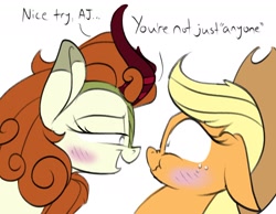 Size: 1800x1400 | Tagged: safe, artist:rocket-lawnchair, part of a set, character:applejack, character:autumn blaze, species:earth pony, species:kirin, species:pony, ship:autumnjack, bedroom eyes, blushing, caught, clothing, dialogue, female, floppy ears, hat, lesbian, looking at each other, mare, scrunchy face, secret admirer, secret admirer fail, shipping, shrunken pupils