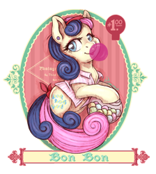 Size: 1058x1181 | Tagged: safe, artist:pingwinowa, character:bon bon, character:sweetie drops, species:earth pony, species:pony, adorabon, advertisement, bubblegum, candy, clothing, cute, ear piercing, female, food, gum, mare, piercing, retro, shirt, smiling, solo