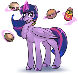 Size: 2300x2203 | Tagged: safe, artist:mylittlegodzilla, character:twilight sparkle, character:twilight sparkle (alicorn), species:alicorn, species:pony, burger, curved horn, female, food, french fries, glowing horn, high res, horn, looking sideways, magic, mare, potato, simple background, smiling, solo, telekinesis, twilight burgkle, wing hands, wings