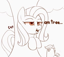 Size: 1500x1319 | Tagged: safe, artist:handgunboi, character:fluttershy, character:scootaloo, species:bird, species:chicken, species:pegasus, species:pony, fluttertree, funny, i'd like to be a tree, leafing the dream, scootachicken, tree