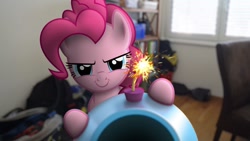 Size: 1280x720 | Tagged: safe, artist:stormxf3, character:pinkie pie, species:earth pony, species:pony, >:), bookshelf, evil grin, female, fuse, grin, ignition, imminent pain, irl, looking at you, mare, party cannon, photo, ponies in real life, slasher smile, smiling, solo, the fourth wall cannot save you, this will not end well, youtube