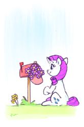 Size: 884x1338 | Tagged: safe, artist:thefloatingtree, character:rarity, species:pony, species:unicorn, newbie artist training grounds, atg 2020, female, flower, mailbox, mare, solo