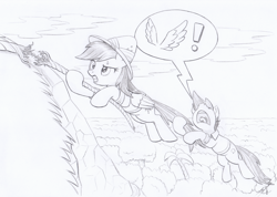 Size: 3430x2440 | Tagged: safe, artist:xeviousgreenii, character:daring do, character:quibble pants, species:earth pony, species:pegasus, species:pony, newbie artist training grounds, dialogue, monochrome, rope, scare, speech bubble, sweat, sweatdrop, wings