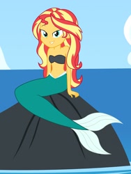 Size: 1536x2048 | Tagged: safe, artist:draymanor57, character:sunset shimmer, my little pony:equestria girls, bare shoulders, mermaid, mermaidized, sleeveless, species swap, strapless