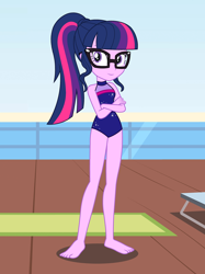 Size: 1532x2048 | Tagged: safe, artist:draymanor57, character:twilight sparkle, character:twilight sparkle (scitwi), species:eqg human, my little pony:equestria girls, barefoot, clothing, feet, female, one-piece swimsuit, sandals, sleeveless, solo, swimsuit