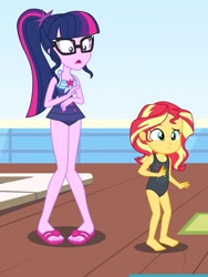 Size: 1536x2048 | Tagged: safe, artist:draymanor57, character:sunset shimmer, character:twilight sparkle, character:twilight sparkle (scitwi), species:eqg human, my little pony:equestria girls, age regression, barefoot, clothing, feet, female, glasses, one-piece swimsuit, ponytail, sandals, sleeveless, swimsuit, young, younger