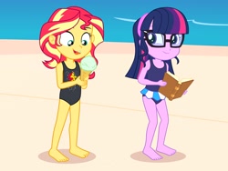Size: 2048x1536 | Tagged: safe, artist:draymanor57, character:sunset shimmer, character:twilight sparkle, character:twilight sparkle (scitwi), species:eqg human, my little pony:equestria girls, barefoot, beach, clothing, cute, feet, female, glasses, one-piece swimsuit, sandals, shimmerbetes, swimsuit, twiabetes, young, younger