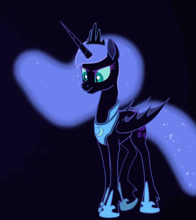 Size: 646x726 | Tagged: safe, artist:anima-dos, artist:duo cartoonist, artist:lionheartcartoon, editor:childofthenight, character:nightmare moon, character:princess luna, species:alicorn, species:bat pony, species:pony, animated, annoyed, bat wings, black background, blinking, cropped, crown, cute, ethereal mane, eyeshadow, female, frown, galaxy mane, gif, glare, gradient background, hoof shoes, jewelry, looking at you, looking down, looking sideways, loop, makeup, mare, moonabetes, perfect loop, peytral, regalia, simple background, slit eyes, slit pupils, solo, the moon rises, unamused, wings, youtube link