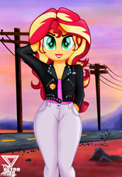 Size: 2500x3636 | Tagged: safe, artist:theretroart88, character:sunset shimmer, my little pony:equestria girls, arm behind head, clothing, desert, female, high res, jacket, lipstick, looking at you, pants, power line, road, solo